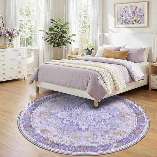 RELEANY Area Rugs Round 7ft Washable Non-Slip, Floral Vintage Distress Medallion Carpet for Living Room Bedroom Dining Room, Light Purple Brown