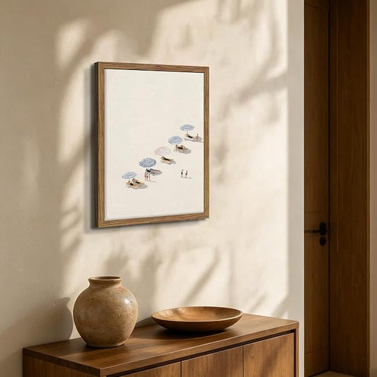 Minimalist Beach Wall Art - Framed Canvas Coastal Umbrella Poster for Bedroom, Bathroom & Living Room Decor, Modern Summer Seaside Painting in Wood Frame, Neutral Decor 16x24 inch