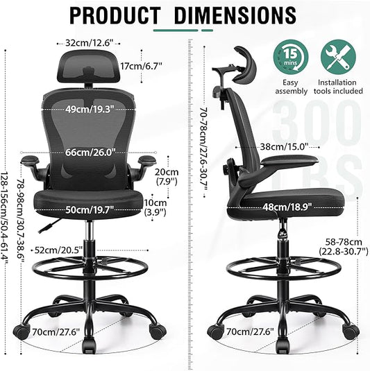 Drafting Chair, Tall Office Chair with 3D Lumbar & Head Support, Ergonomic Mesh Standing Desk Chair with Footring, Comfy Extended High Desk Chair with Flip-Up Arms & Hanger,Black