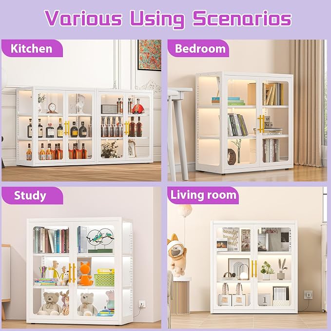 PAOFIN 34" Display Cabinet with Glass Doors, Curio Cabinet with Many Color Lights for Collectibles, Glass Display Case, Bookcase with 2 Shelves, Storage Cabinets, Assembly Required White