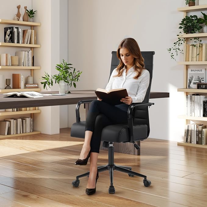 Office Desk Chair, Modern Leather Conference Room Chairs with High Back,Wheels and Arms, Ergonomic Executive Ribbed Height Adjustable Swivel Chair for Home Office (Black Frame)