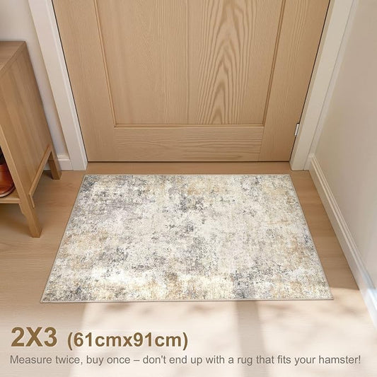 UERMEI 2x3 Entryway Area Rug: Washable Neutral Modern Abstract Small Rug - Non-Slip Low Pile Throw Indoor Carpet for Entrance Kitchen Front Door Mat Bathroom Entry Kids Room - Golden Grey