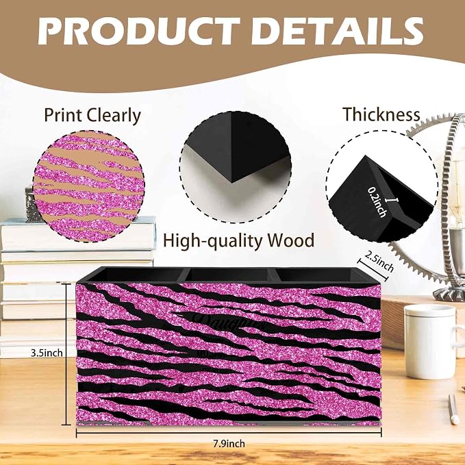 DILSJ Hot Pink Zebra Print Pen Pencil Holder Organizer for Desk, Mcbling Room Decor, Y2k Decor Mcbling Wooden Box Signs for Home Office Desk Tabletop Decoration