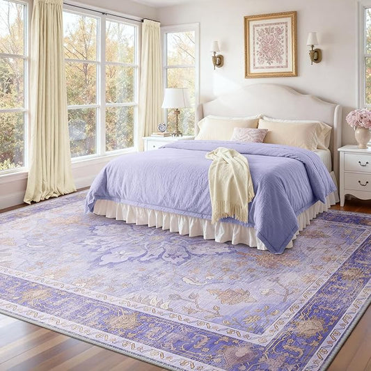 RELEANY Area Rugs Large 9'x12' Washable Non-Slip, Floral Vintage Distress Medallion Carpet for Living Room Bedroom Dining Room, Light Purple Brown