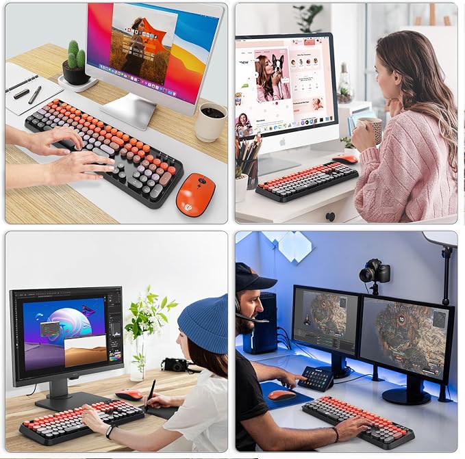 FOPETT Wireless Keyboard and Mouse Combo - 2.4G Full-Sized Cute Colorful Mouse and Keyboard with 104 Round Keys Retro Typewriter Keyboard for Laptop/Windows/PC - Black Orange