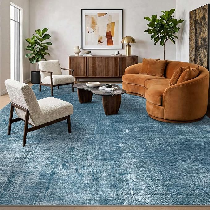 Latte&Fog 10x14 Area Rug for Living Room, Extra Large Blue Modern Abstract Washable Rugs, Boho Non Slip Low Pile Carpet for Indoor Bedroom Dining Room, Office, Dorm, Classroom and Farmhouse - Blue