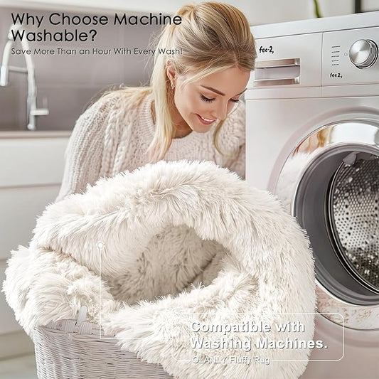 OLANLY Ivory Round Rugs for Bedroom - Machine Washable, 3 ft Circle Area Rugs for Living Room, Soft and Fluffy Shaggy Carpet for Teen Girls and Boys, Nursery Rooms, Dorms, Home Decor Aesthetic