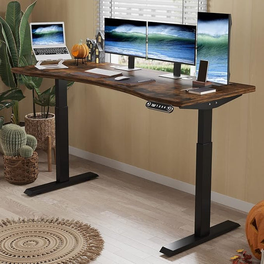 Dual Motor 63x30 Height Adjustable Electric Standing Desk,Height Stand Up Computer Desk,Sit and Stand Home Office Desk with Splice Board,(Rustic Brown Top, Black Frame)