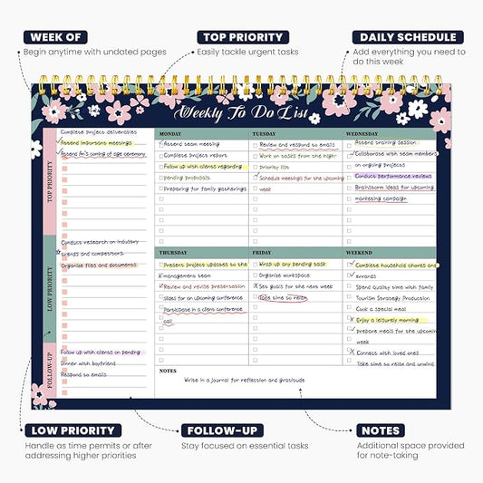 Weekly To Do List Notepad with 52 Undated Sheets(8.5"×11")- Undated Weekly Planner Notepad for Office Desk Accessories and Supplies - Navy Blossom