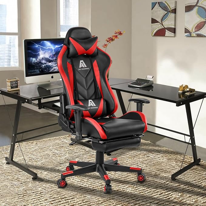 AA Products Gaming Chair High Back Ergonomic Computer Racing Chair Adjustable Office Chair with Footrest, Lumbar Support Swivel Chair - Red
