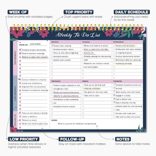 Taja Weekly To Do List Notepad with 52 Undated Sheets(8.5"×11")- Weekly Desk Planner for Women & Man, Work and Home - 1 Pack Twilight Petals