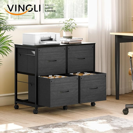 VINGLI Drawer File Cabinet Rolling Mobile Under Desk with Wheels, Fabric Drawers Printer Stand for Home Office, Fits Letter Size (Black, 4 Drawers)