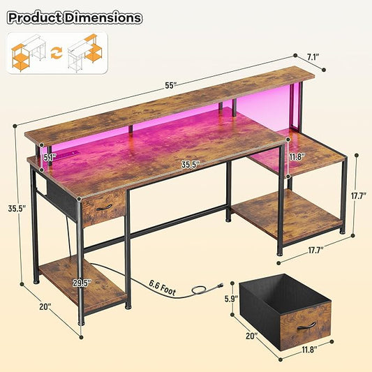 Computer Desk with 55" Long Monitor Stand and 18" Ample Printer Space, Home Office Desk With RGB Lights and 3 AC Power Outlets, Zoned Storage Drawer and File Shelves, Study Desk, Writing Desk, Brown