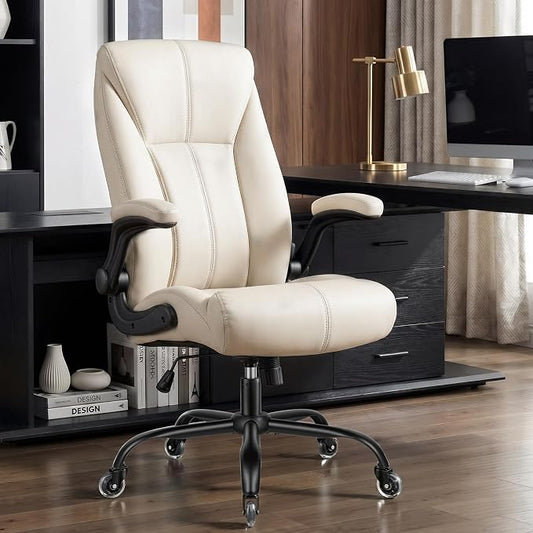 Big and Tall Office Chair for Heavy People, 400LBS High Back Extra Wide Executive PU Leather Office Chair with Flip-Up Armrests, Quiet Rubber Wheels, Comfortable Home Office Desk Chair (White)