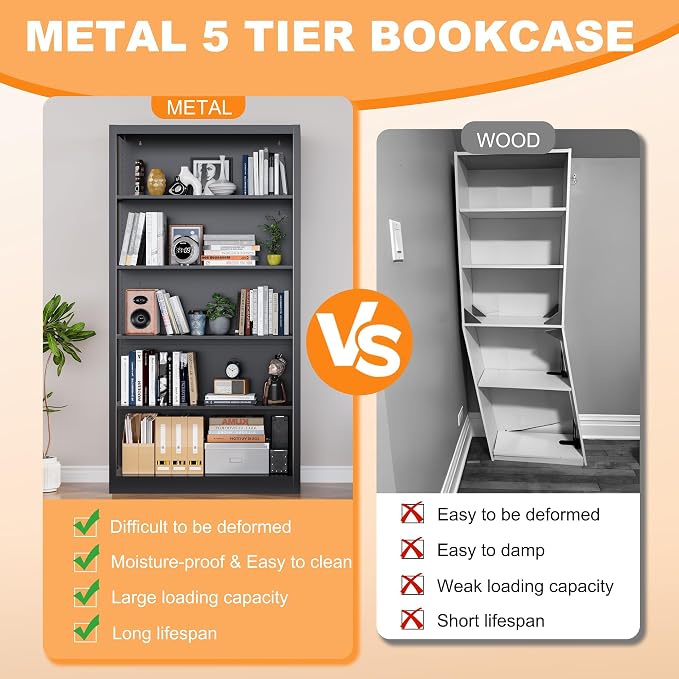 VASAAOSD 55” Black Bookshelf, 5 Tier Adjustable Metal Bookcase | Adjustable Design, Anti-Tilt Device, Easy Assembly Toy Storage Organizer, for Bedroom, Study, Office, Classroom