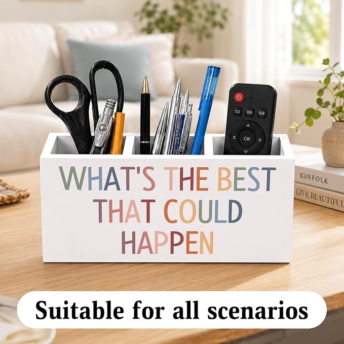 Motivational Boho Pen Holder for Desk, What's the Best That Could Happen Positive Affirmation Wooden Box Sign Desk Decor for Home Office Decoration, Inspirational Pencil Organizer