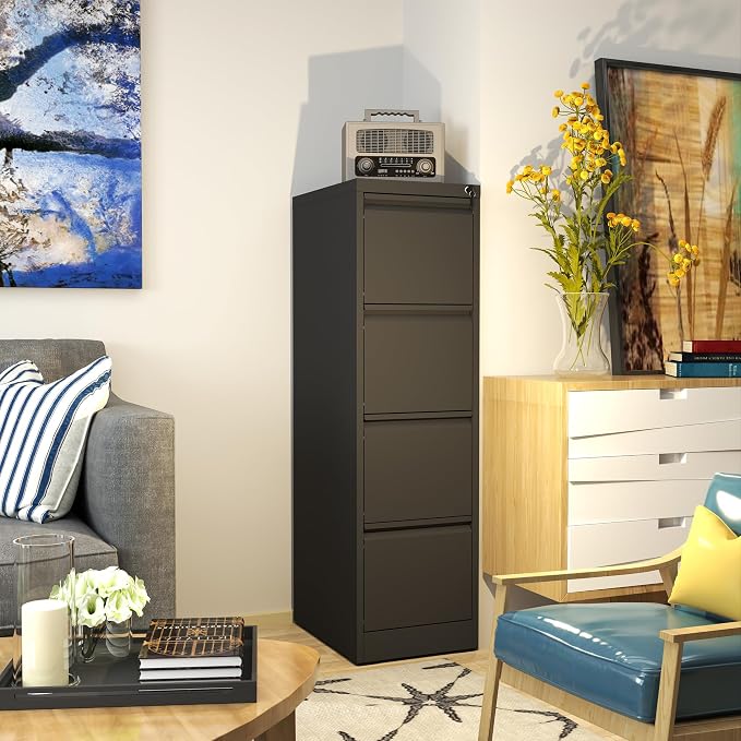 AQY 4 Drawer File Cabinet with Lock, Metal Filing Cabinets for Home Office, 18" Deep Vertical Storage Drawer for Hanging A4/Letter/Legal Size Files, Assembly Require