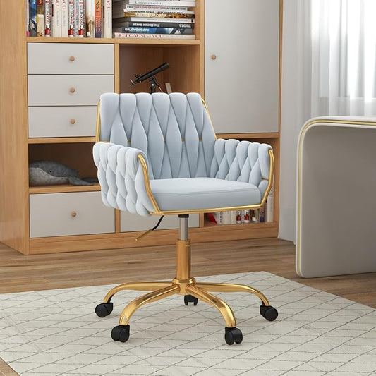 Velvet Modern Home Office Vanity Chair, 360° Swivel Adjustable Height Makeup Desk Chair with Golden Base and Hand Woven Backrest for Bedroom/Study/Vanity (Baby Blue)