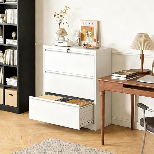 3 Drawer Lateral File Cabinet with Lock, Metal Lateral Filing Cabinet for Home Office, Steel Wide Horizontal Filing Cabinets for Letter/Legal/A4/F4 Hanging Files (White)