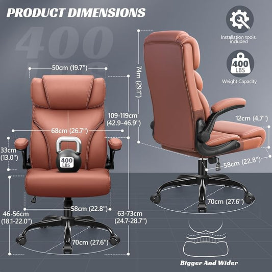 HeroSet Office Chair, Ergonomic Big and Tall Computer Desk Chairs, Executive Breathable Leather Chair with Adjustable Flip-up Armrests, Lumbar Support Swivel PC Chair with Rocking Function,Matte Brown
