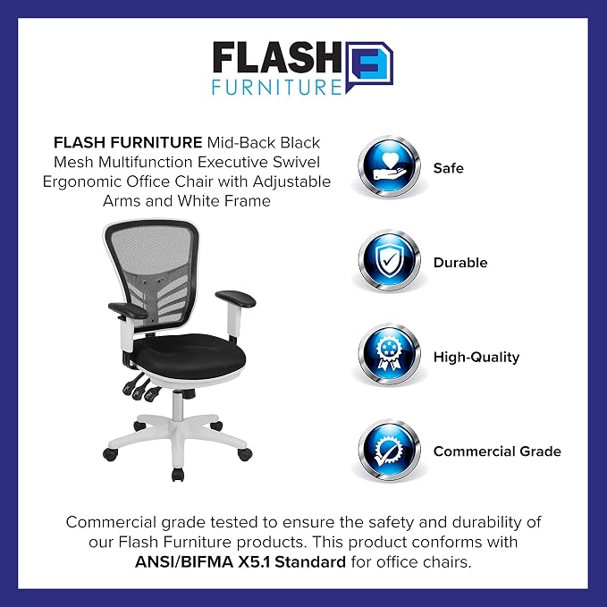 Flash Furniture Nicholas Mid-Back Swivel Office and Gaming Chair, Ergonomic Mesh Office Chair with Adjustable Lumbar Support and Height, Black/White