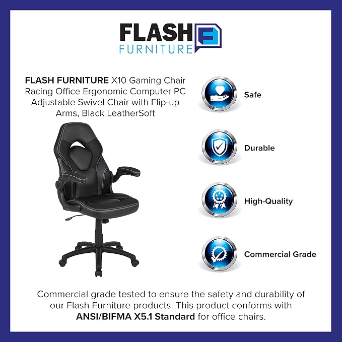 Flash Furniture X10 High-Back LeatherSoft Racing Style Gaming Chair with Flip-Up Arms, Ergonomic Padded Swivel Computer Chair, Black