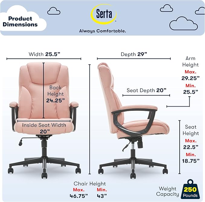 Serta Connor Executive Office Chair, Ergonomic Computer Chair with Layered Body Pillows, Contoured Lumbar, Adjustable Seat, Microfiber Fabric, Pink