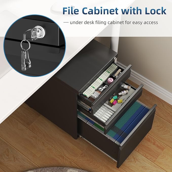 3 Drawer Mobile File Cabinet with Lock, Metal Small Filing Cabinets for Home Office Organizer,Rolling Filing Cabinets Under Desk Storage for Letter/Legal/A4,Assembly Required,Black
