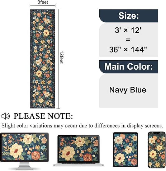 DUKINO 3x12 Washable Runner Rug, Non Slip Soft Floral Hallway Runner Rug with Non Shedding Design, Low Pile Loog Floor Carpet for Kitchen, Hallway, Bathroom, Entryway, Laundry, Navy Blue