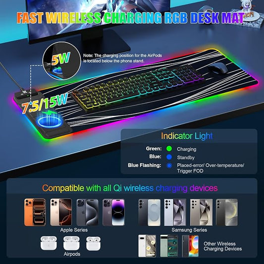 RGB Mouse Pad with Foldable Phone Stand Wireless Charger, 31.5"x11.8" XL Gaming Mousepad Large Desk Mat, Desk Pad with 11 Colors 5 Modes, Waterproof