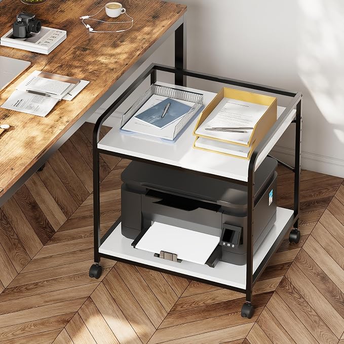 Printer Stand, 22''W X 20''D X 22.4''H 2 Tier Under Desk Printer Stand, 3D Large Printer Table with Height Adjustable Shelf, Rolling Printer Cart with Wheels for Home Office Organization, White