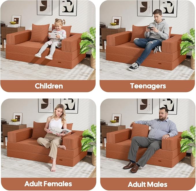 COMAX Futon Sofa Bed, 4‑in‑1 Convertible Sofa Bed, Folding Boneless Couches | Boneless Couch for living room, Fold Out Small Foldable Loveseat Floor Sleeper Mattress Lounge Space‑Saving, Light Orange