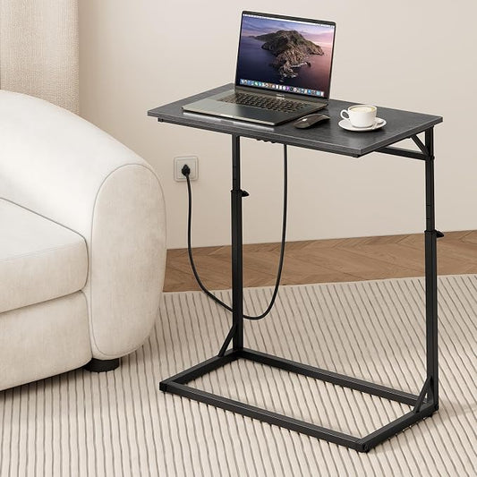 Vagusicc C Shaped End Table with Charging Station, Large C-Table End Table Adjustable Height Side Table for Couch, Sofa Table Slide Under Couch Table TV Tray Table for Living Room, Bedroom,Gray Walnut