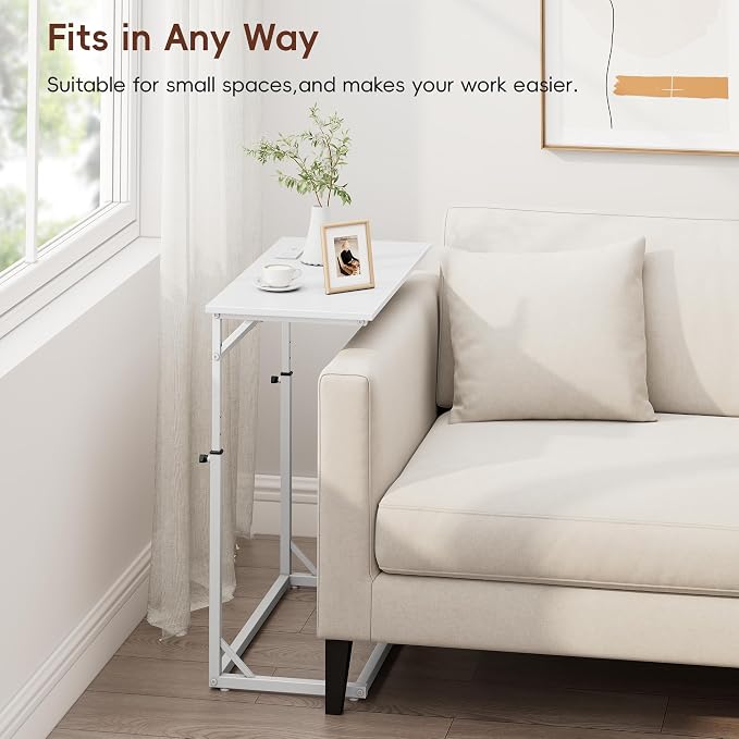 Vagusicc C Shaped End Table with Charging Station, C-Table End Table Adjustable Height Side Table for Couch, Large Couch Table, Slide Under Sofa Table TV Tray Arm Table for Living Room, Bedroom, White