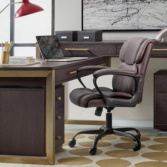 Furmax Mid Back Executive Office Chair Swivel Computer Task Chair with Armrests,Ergonomic Leather-Padded Desk Chair with Lumbar Support (Brown)