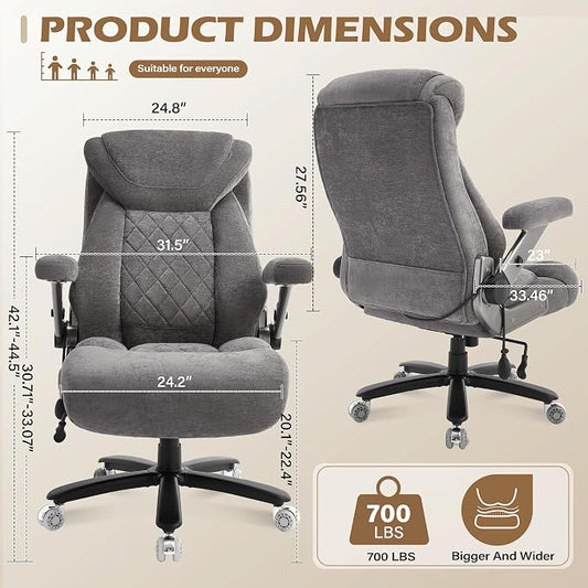 Fabric 700lbs Big and Tall Office Chair, Ergonomic Heavy Duty Executive Cloth Office Chair with 5D Flip Arms & Adjustable Lumbar Support & Dual Rubber Wheel, Large Thick Padded Extra Wide Seat, Grey