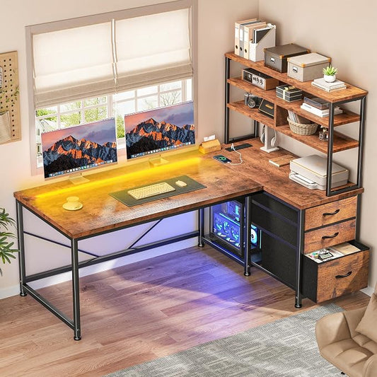 55"Computer Desk with Remote Aluminum LED Lights, 3 Fabric Drawers & 3 Shelves, Reversible L Shaped Desk Office Desk with Power Outlet and PC Stand for Gaming Desk, Corner Desk for Bedroom,Dorm, Brown