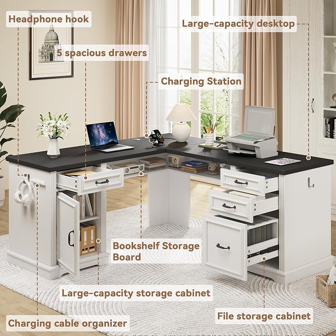 Farmhouse L Shaped Executive Desk with 4 Drawers and Charging Station, Wood Corner Home Office Computer Desk with File Cabinet Storage, Hidden Under Desk Storage Shelf, Headphone Hook - Black+White