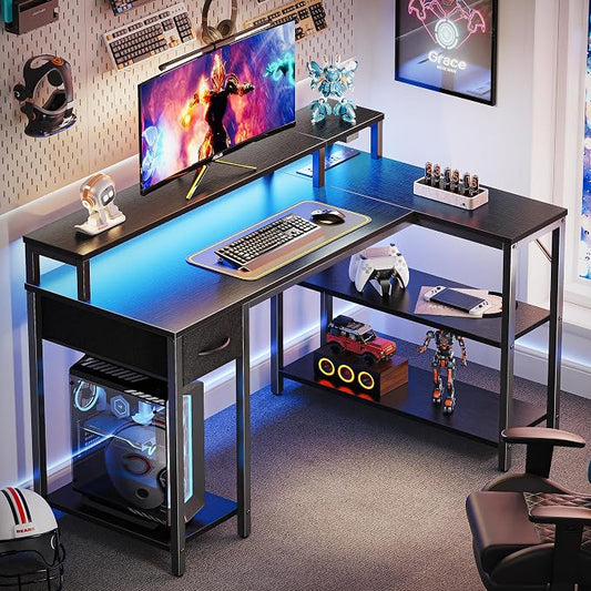 SUPERJARE 47 inch L Shaped Gaming Desk with LED Lights & Power Outlets, Reversible Computer Desk with Shelves & Monitor Stand, Corner Desk with Drawer, for Home & Office, Black