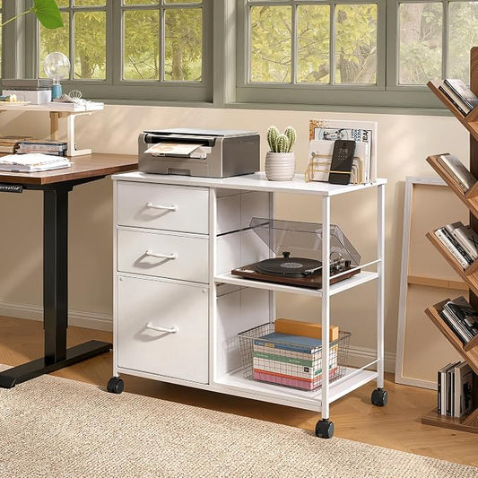 DEVAISE 3 Drawer Mobile File Cabinet, Rolling Printer Stand with Open Storage Shelf, Fabric Lateral Filing Cabinet fits A4 or Letter Size for Home Office, White