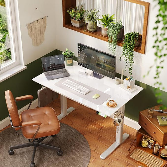 INNOVAR Glass Standing Desk with Drawers, 40×24 Inch Adjustable Stand Up Desk Quick Install Home Office Computer Desk, Super White