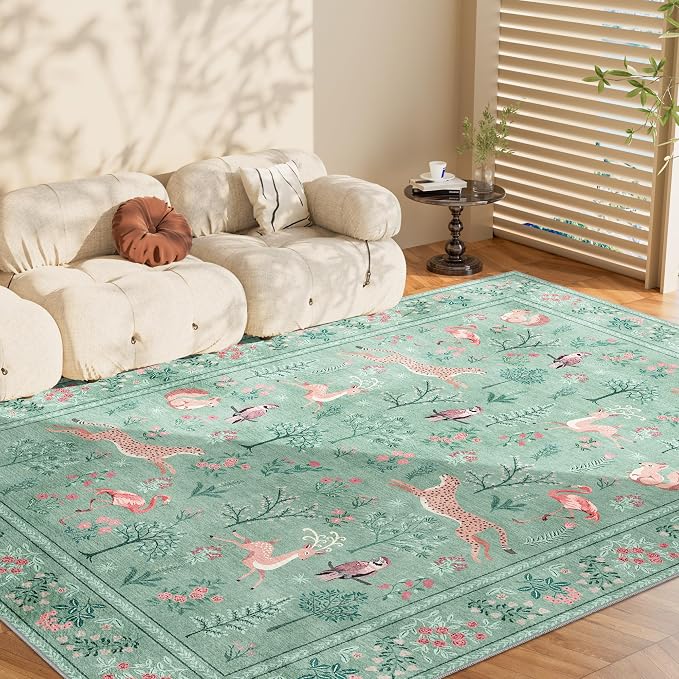 DUKINO 5x7 Rug, Washable Animal Living Room Rug with Non Slip Vintage Design, Soft Low Pile Large Carpet for Bedroom, Nursery, Dining Room, Farmhouse, Playroom, Teal