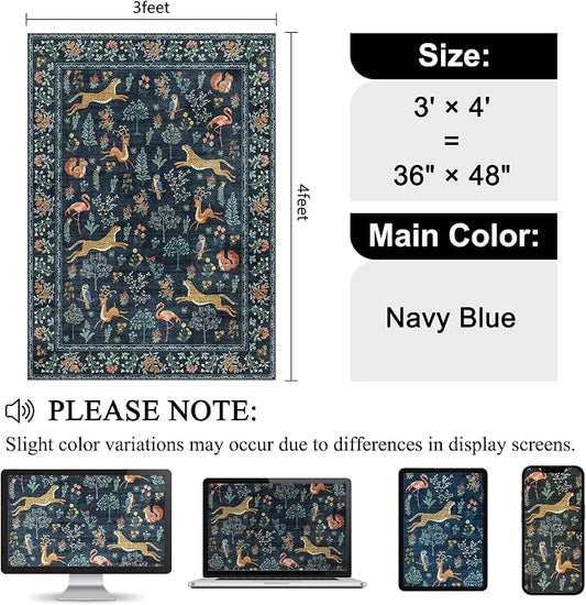 DUKINO 3x4 Washable Entryway Rug, Vintage Animal Ultra Soft Kitchen Area Rug with Non Slip Backing, Low Pile & Stain Resistant Indoor Door Mat for Bathroom, Bedroom, Laundry Room, Office, Navy Blue