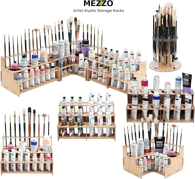 HG Art Concepts Mezzo Artist Paint & Brush Rack - Wood Grain Laminate Multi Layer Desk Stand Professional Storage Display Organizer for paintbrushes and Large Tubes