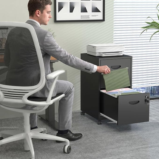 2 Drawer Mobile File Cabinet with Lock, Black Metal Filing Cabinets with Wheels, Vertical Rolling File Cabinet Fit Hanging Files, Letter and A4 Documents