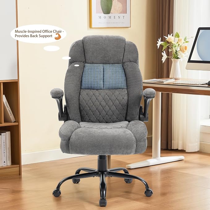 Massage Office Chair, 500LBS Ergonomic Rocking Executive Desk Chairs with 4 Points Vibration&Heat,Padded Flip-up Armrests for Big and Tall Office Chair,Swivel Computer Chair Thicken Back,Fabric Grey