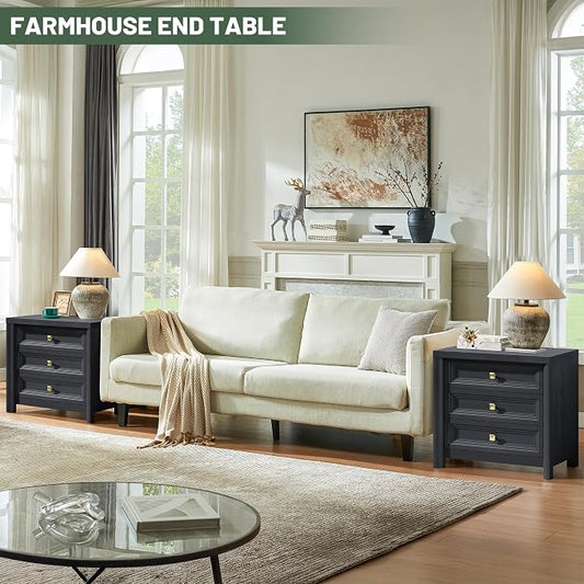 Standifurno Farmhouse Black Nightstand with 3 Drawers, Rustic Bedside Table with Storage, Large Bed Side Table for Bedroom Living Room Home Office Furniture 24.8” Tall Nightstand with Gold Knobs