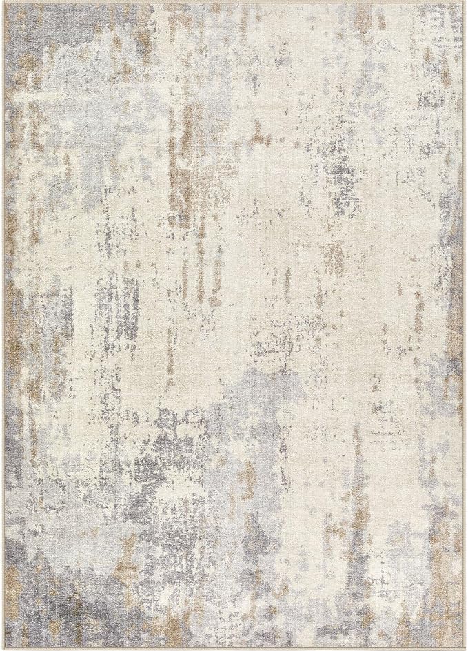 UERMEI 10x14 Washable Area Rug - Neutral Modern Abstract Living Room Rugs, Non-Slip Soft Large Indoor Floor Carpet for Bedroom Home Office & Under Dining Table Decor, Light Brown/Gray