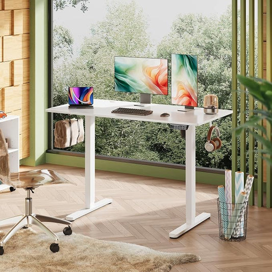 DEVAISE 48 Inch Electric Standing Desk, 3 Adjustable Computer Desk for Home Office, Ergonomic Sit to Stand Desk with LED Touchscreen,Headphone Hook, 3 Memory Preset, with One-Piece Desktop, White