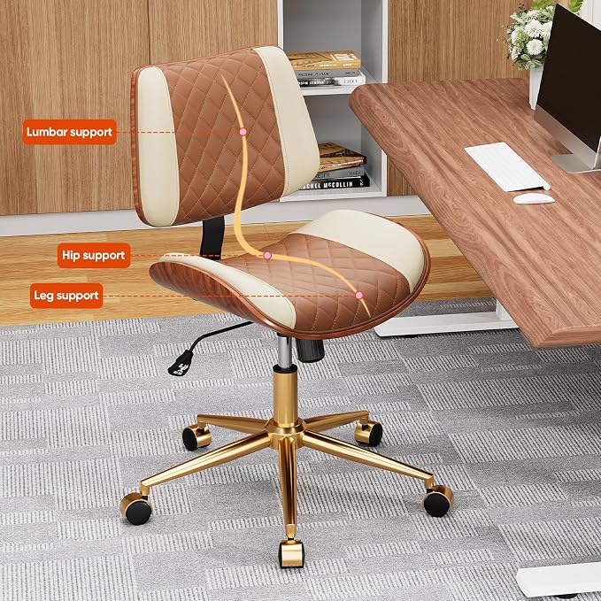 Home Office Desk Chair with Swivel Wheels, Modern PU Leather Armless Office Chair, Small Mid Back Computer Chair for Home Office, Reading Meeting Room (Brown and Beige, Gold Wheels)